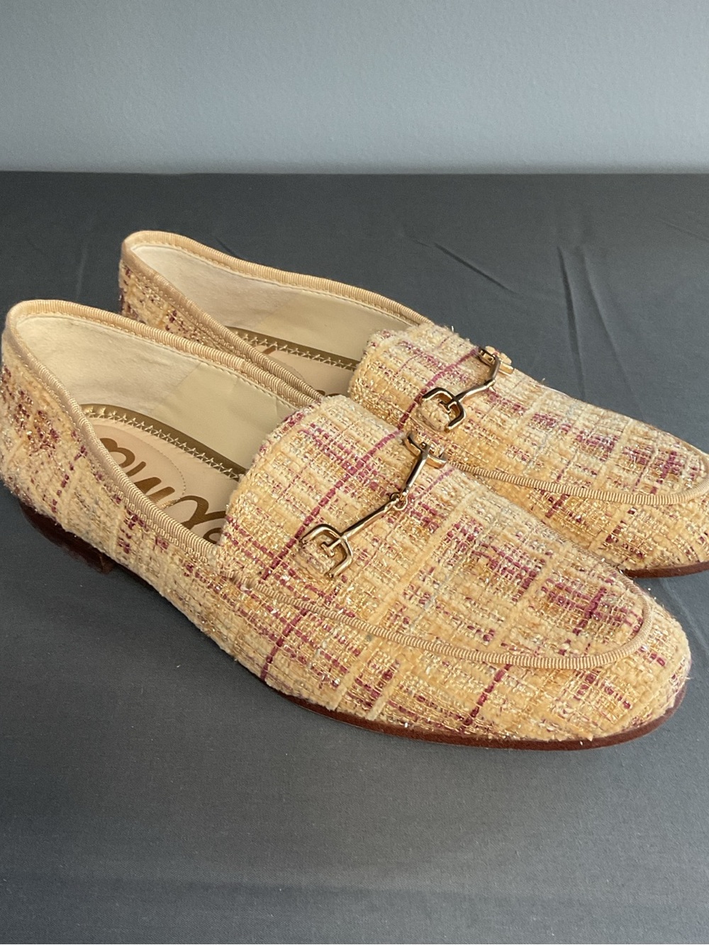 Sam Edelman Horsebit Loafers Beige Pink Plaid